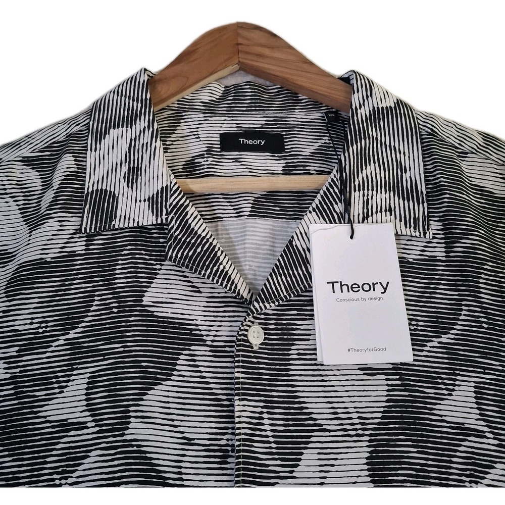 Theory Hawaiian Shirt Mens XXL*  Black White Irving Linear Floral Lyocell